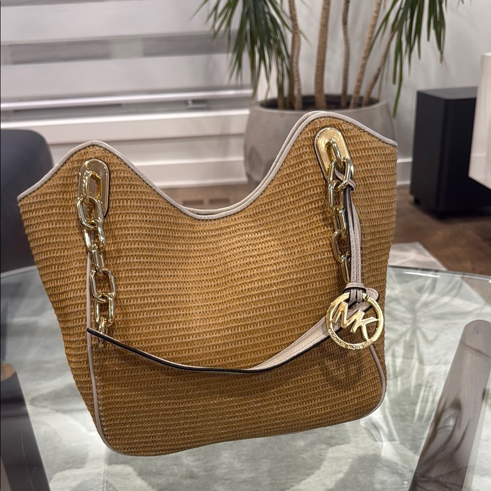 Michael Kors Tan and Gold Shoulder Bag with Chain Detail